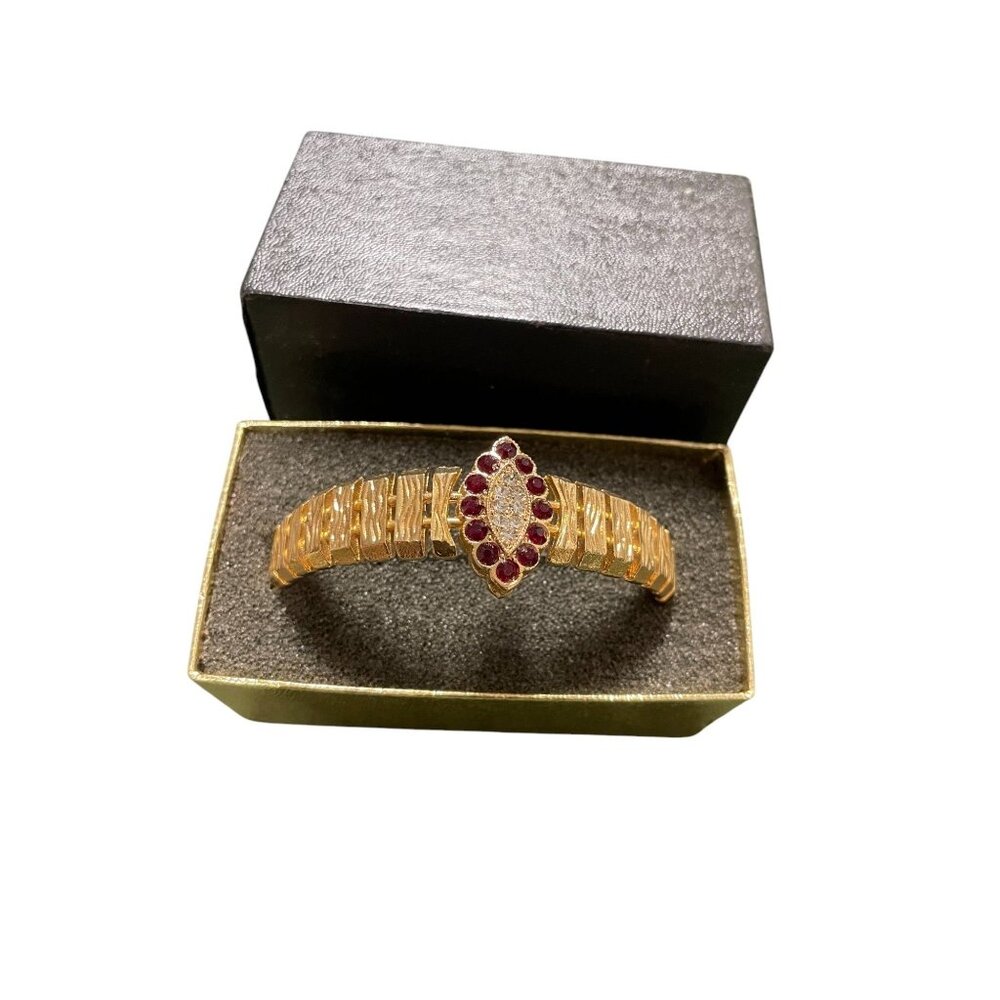 1970s Cuff Bracelet By Elegante Ruby Red Rhinestone Gold Tone-NOS MCM R
